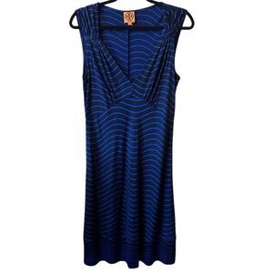 Tory Burch- Women’s Silk Stretch Blue Striped V-Neck Midi Dress Medium
